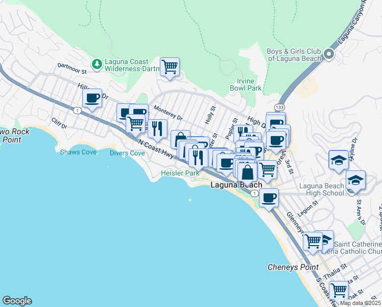 map of restaurants, bars, coffee shops, grocery stores, and more near 364 North Coast Highway in Laguna Beach