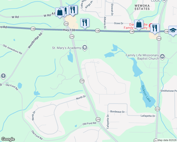 map of restaurants, bars, coffee shops, grocery stores, and more near 190 Dix Lee On Drive in Fayetteville