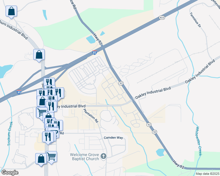 map of restaurants, bars, coffee shops, grocery stores, and more near 7676 Viking Road in Fairburn