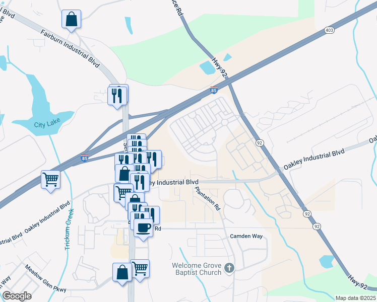map of restaurants, bars, coffee shops, grocery stores, and more near 5612 Festival Avenue in Fairburn