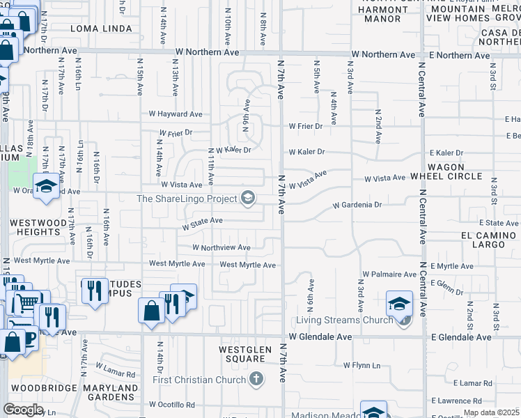 map of restaurants, bars, coffee shops, grocery stores, and more near 826 West State Avenue in Phoenix