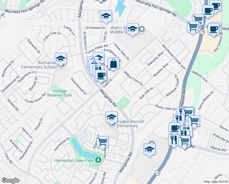 map of restaurants, bars, coffee shops, grocery stores, and more near 39879 Longleaf Street in Temecula