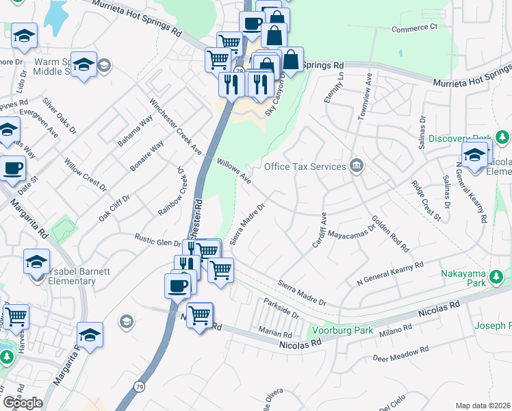 map of restaurants, bars, coffee shops, grocery stores, and more near 39531 Sierra Madre Drive in Murrieta
