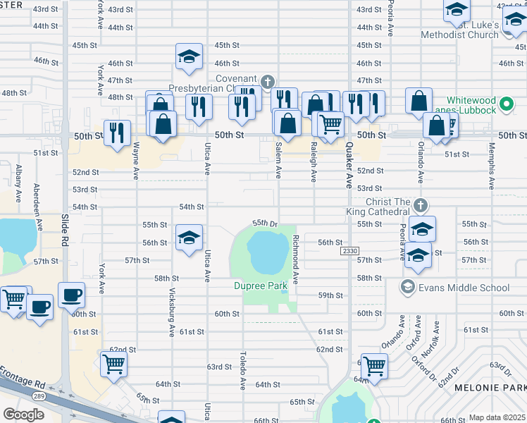 map of restaurants, bars, coffee shops, grocery stores, and more near 4607 54th Street in Lubbock