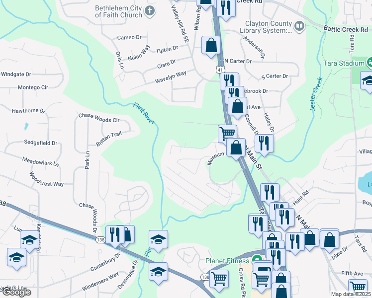 map of restaurants, bars, coffee shops, grocery stores, and more near 7677 Tara Boulevard in Jonesboro