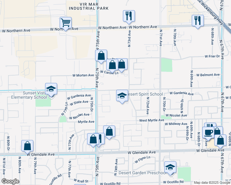 map of restaurants, bars, coffee shops, grocery stores, and more near 7355 West Orangewood Avenue in Glendale
