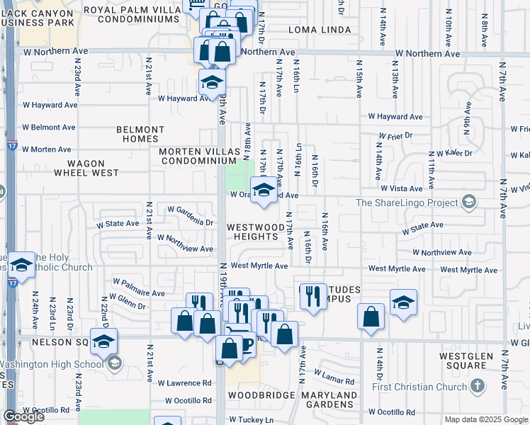 map of restaurants, bars, coffee shops, grocery stores, and more near 7337 North 19th Avenue in Phoenix