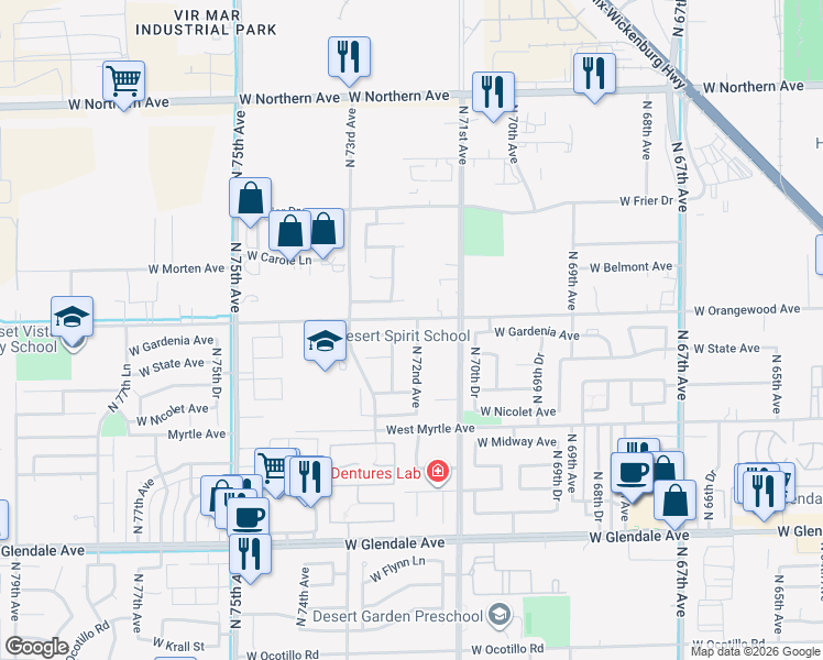 map of restaurants, bars, coffee shops, grocery stores, and more near 7358 North 72nd Avenue in Glendale