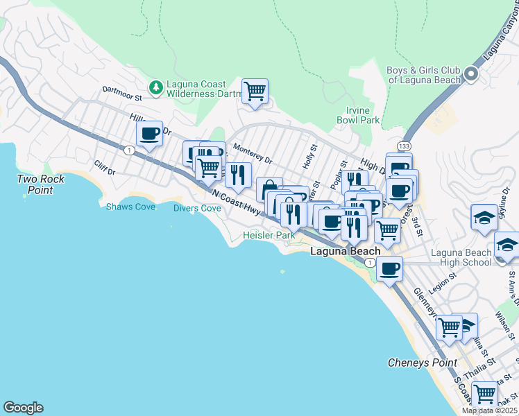 map of restaurants, bars, coffee shops, grocery stores, and more near 432 North Coast Highway in Laguna Beach