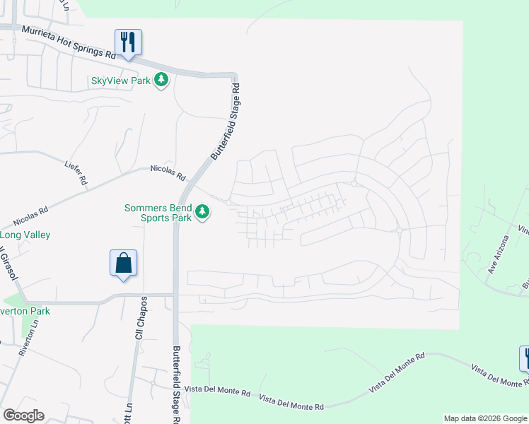 map of restaurants, bars, coffee shops, grocery stores, and more near Butterfield Stage Road in Temecula