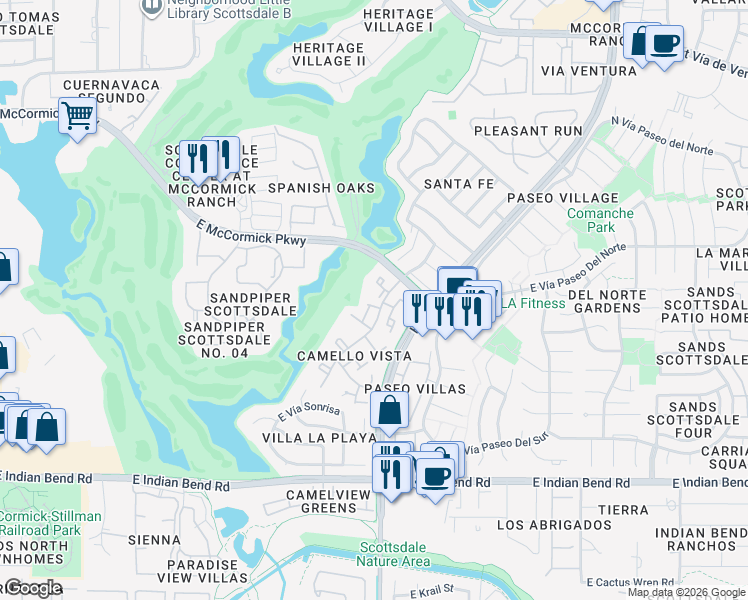 map of restaurants, bars, coffee shops, grocery stores, and more near 7352 North Vía Camello Del Norte in Scottsdale