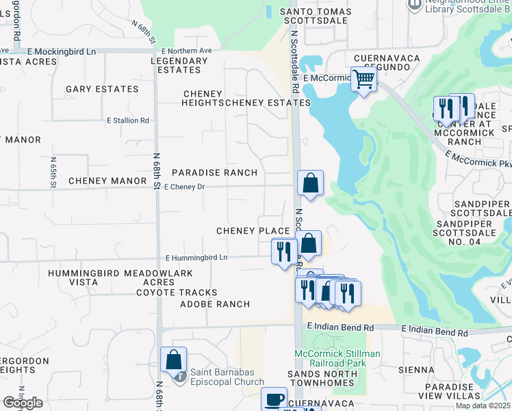 map of restaurants, bars, coffee shops, grocery stores, and more near 7336 North 71st Street in Paradise Valley