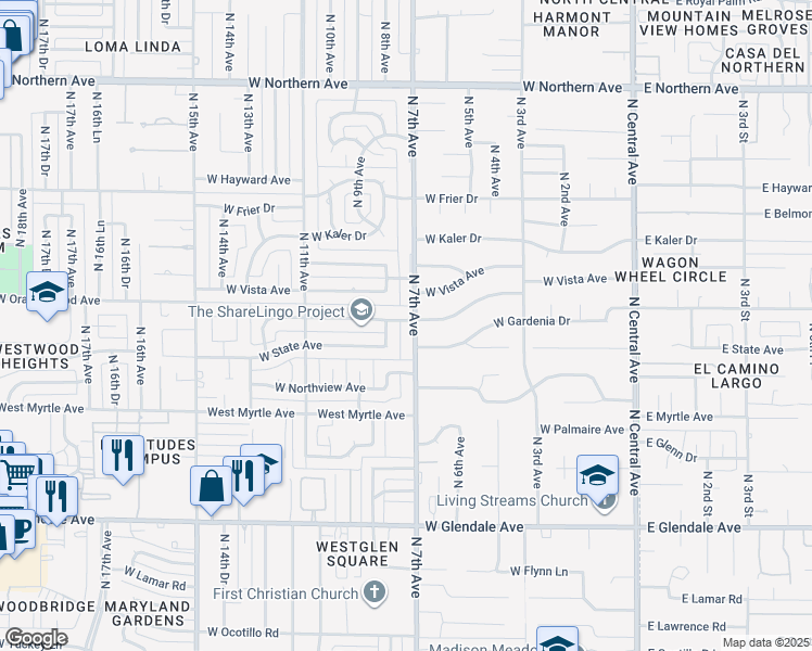 map of restaurants, bars, coffee shops, grocery stores, and more near 7328 North 7th Avenue in Phoenix