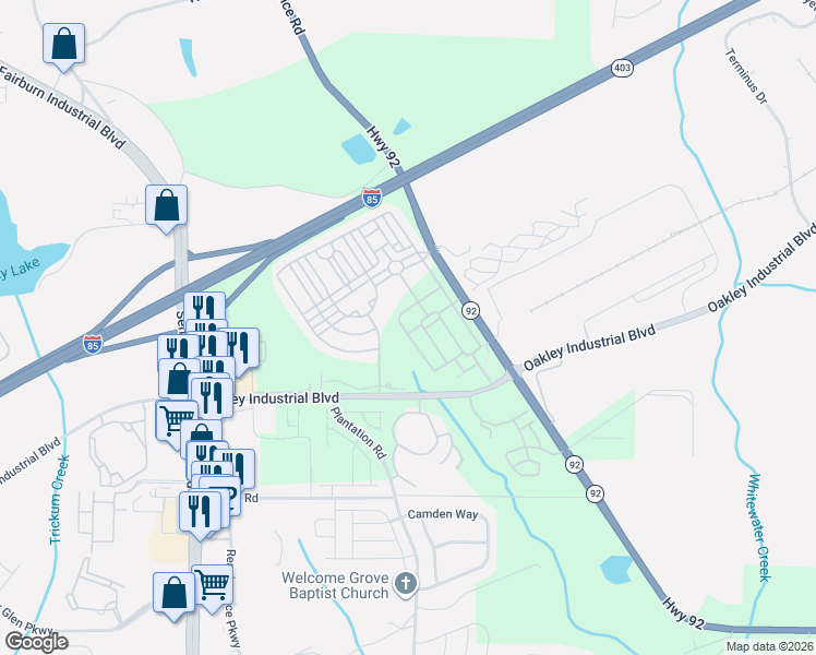 map of restaurants, bars, coffee shops, grocery stores, and more near 7766 Carnegie Drive in Fairburn