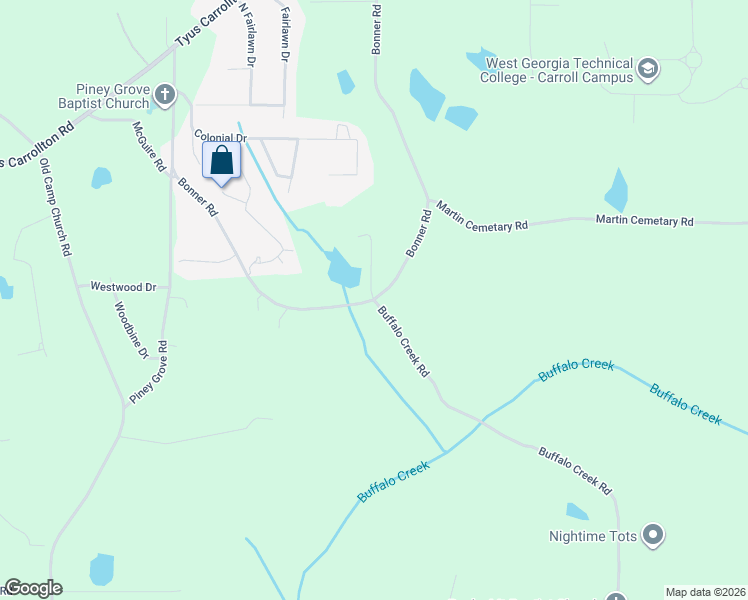 map of restaurants, bars, coffee shops, grocery stores, and more near 19 Buffalo Creek Road in Carrollton