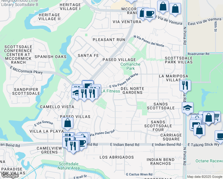 map of restaurants, bars, coffee shops, grocery stores, and more near 7350 North Vía Paseo Del Sur in Scottsdale