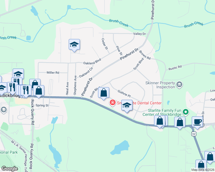 map of restaurants, bars, coffee shops, grocery stores, and more near 80 Scott Boulevard in Stockbridge