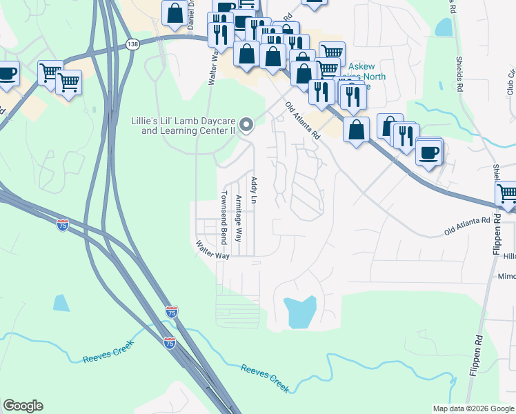 map of restaurants, bars, coffee shops, grocery stores, and more near 225 Addy Lane in Stockbridge