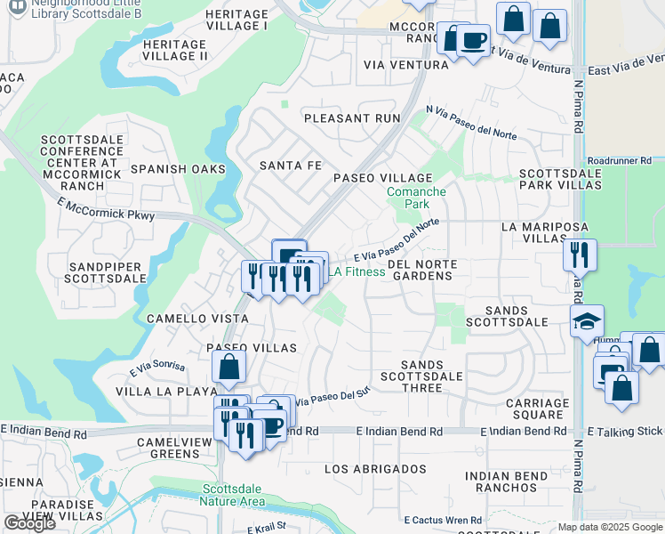 map of restaurants, bars, coffee shops, grocery stores, and more near 8333 East Vía Paseo Del Norte in Scottsdale