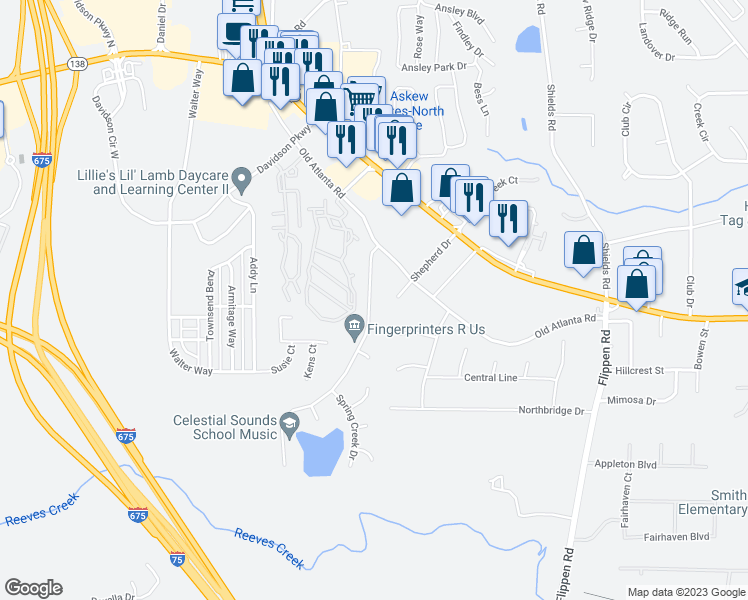 map of restaurants, bars, coffee shops, grocery stores, and more near 117 Willow Springs Lane in Stockbridge