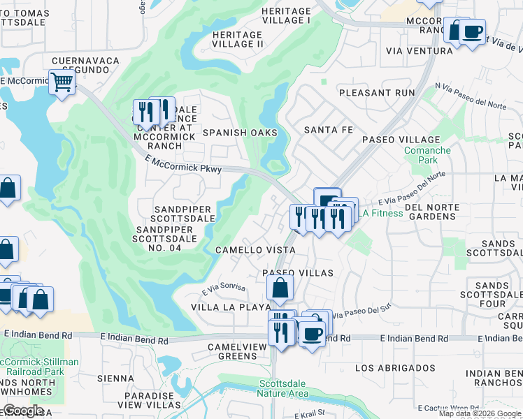 map of restaurants, bars, coffee shops, grocery stores, and more near 7352 North Vía Camello Del Norte in Scottsdale