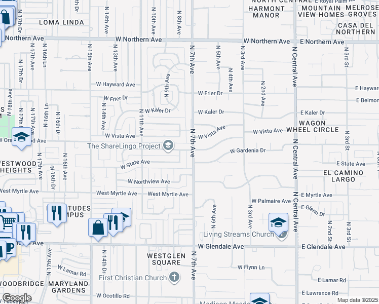 map of restaurants, bars, coffee shops, grocery stores, and more near 7328 North 7th Avenue in Phoenix