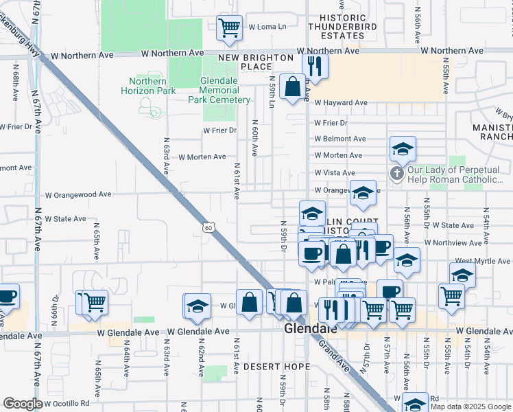 map of restaurants, bars, coffee shops, grocery stores, and more near 7317 North 61st Avenue in Glendale