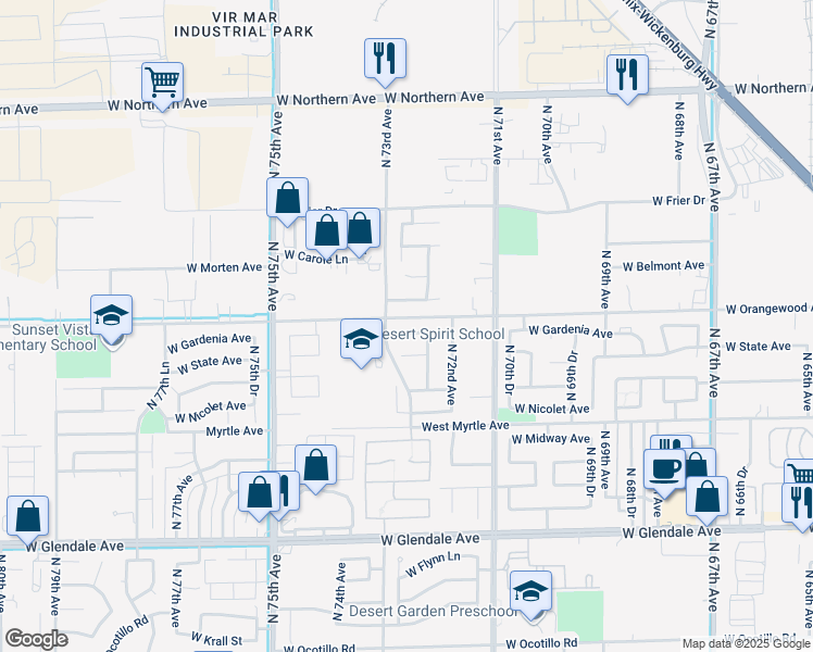 map of restaurants, bars, coffee shops, grocery stores, and more near 7261 West Gardenia Avenue in Glendale