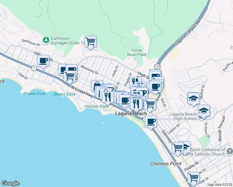 map of restaurants, bars, coffee shops, grocery stores, and more near 281 Cypress Drive in Laguna Beach