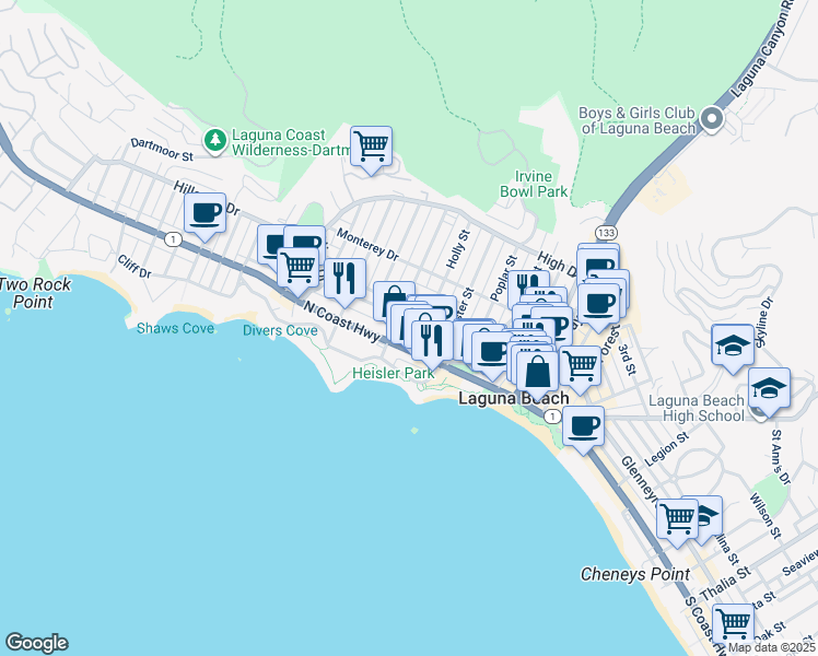 map of restaurants, bars, coffee shops, grocery stores, and more near 364 North Coast Highway in Laguna Beach