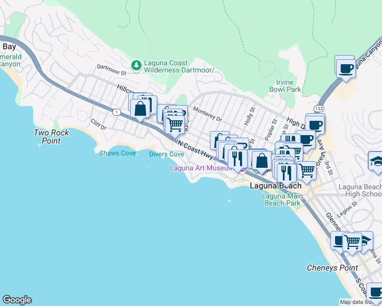map of restaurants, bars, coffee shops, grocery stores, and more near 484 Cliff Drive in Laguna Beach