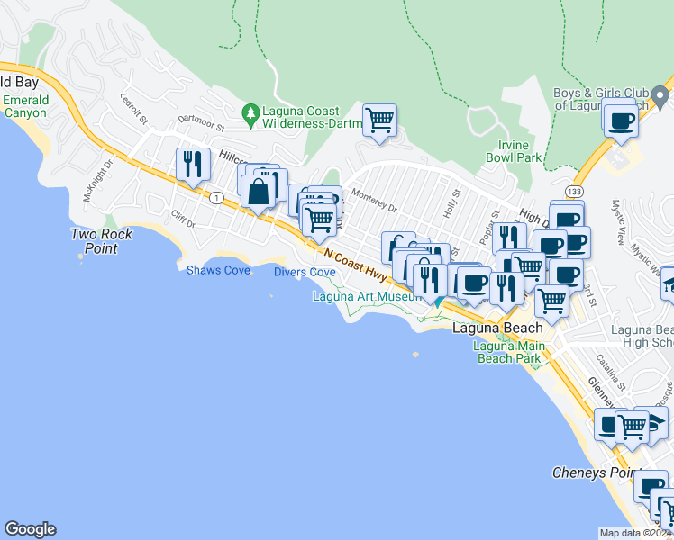 map of restaurants, bars, coffee shops, grocery stores, and more near 539 Cliff Drive in Laguna Beach