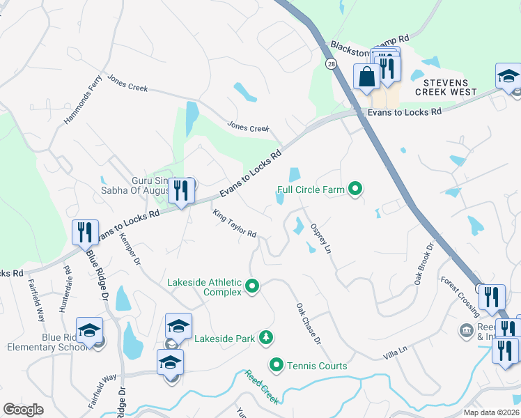 map of restaurants, bars, coffee shops, grocery stores, and more near 531 Meldon Road in Evans