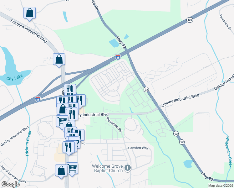 map of restaurants, bars, coffee shops, grocery stores, and more near 7787 Bucknell Terrace in Fairburn
