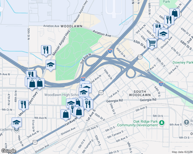 map of restaurants, bars, coffee shops, grocery stores, and more near 128 59th Street North in Birmingham