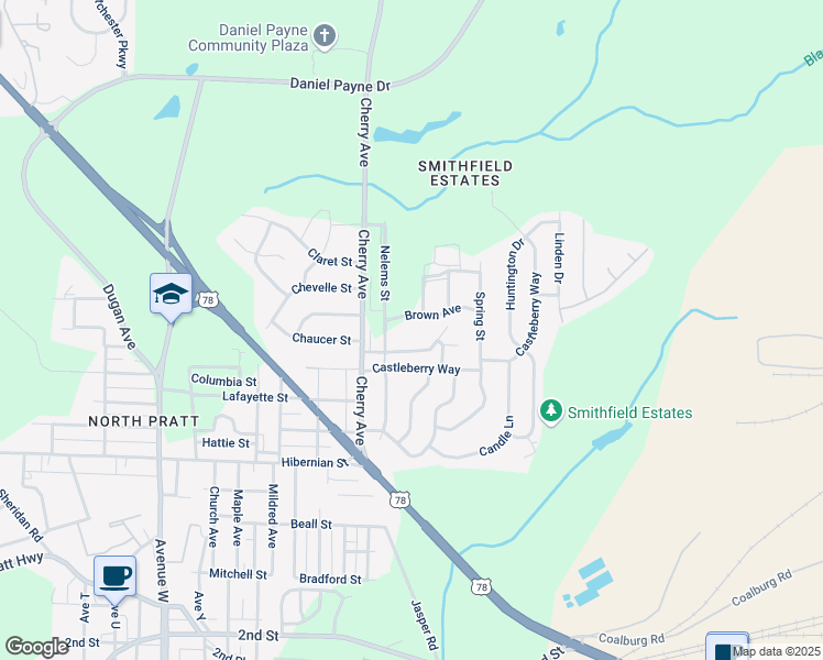 map of restaurants, bars, coffee shops, grocery stores, and more near 1624 Castleberry Way in Birmingham