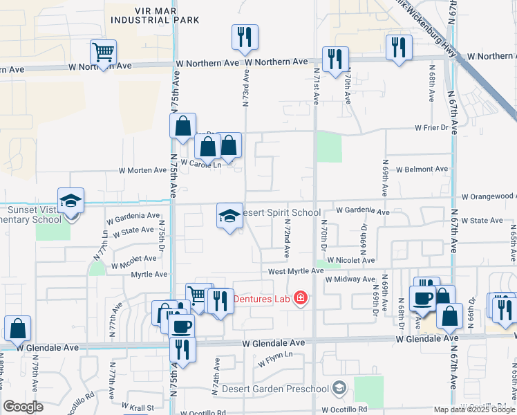 map of restaurants, bars, coffee shops, grocery stores, and more near 7261 West Gardenia Avenue in Glendale