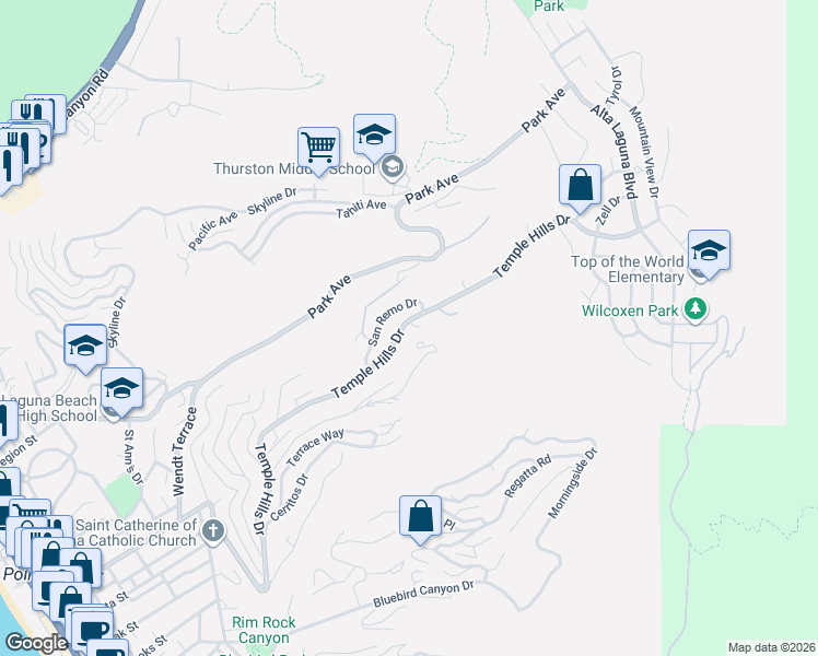 map of restaurants, bars, coffee shops, grocery stores, and more near 2085 Temple Hills Drive in Laguna Beach