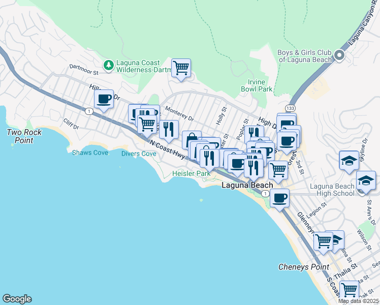 map of restaurants, bars, coffee shops, grocery stores, and more near 240 Jasmine Street in Laguna Beach