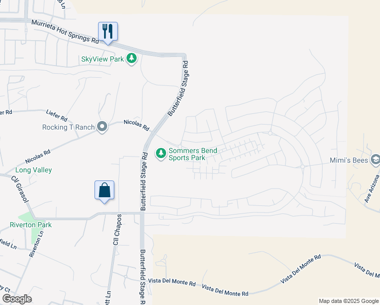 map of restaurants, bars, coffee shops, grocery stores, and more near 39315 Corvina Lane in Temecula