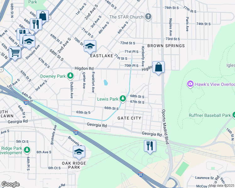 map of restaurants, bars, coffee shops, grocery stores, and more near 7400 67th Street South in Birmingham