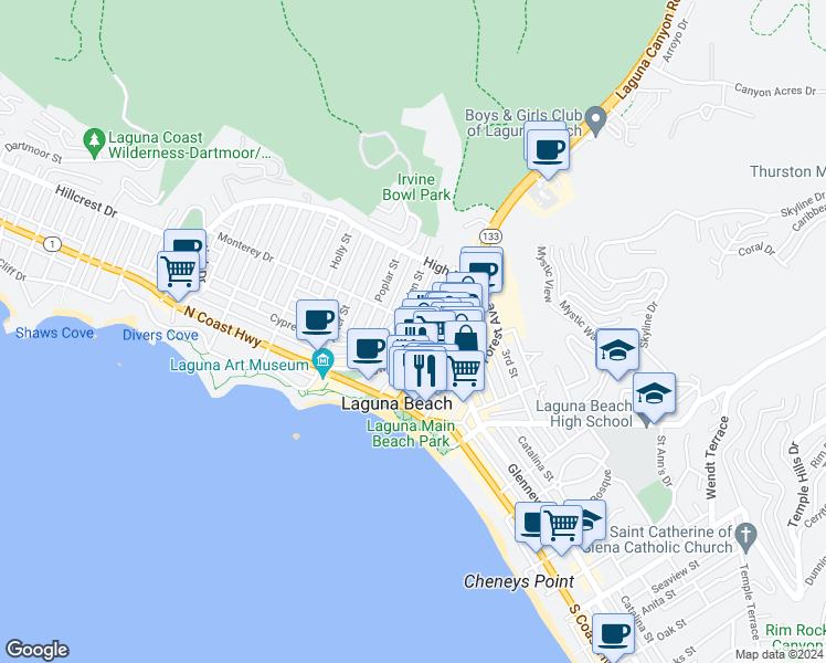 map of restaurants, bars, coffee shops, grocery stores, and more near 174 Cliff Drive in Laguna Beach