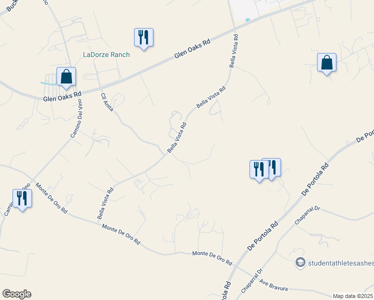 map of restaurants, bars, coffee shops, grocery stores, and more near 39570 Calle Anita in Temecula