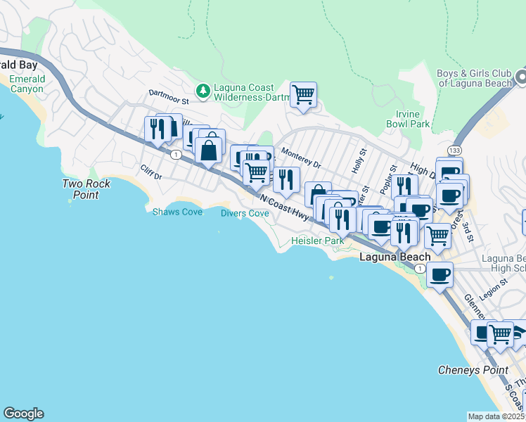 map of restaurants, bars, coffee shops, grocery stores, and more near 631 Cliff Drive in Laguna Beach
