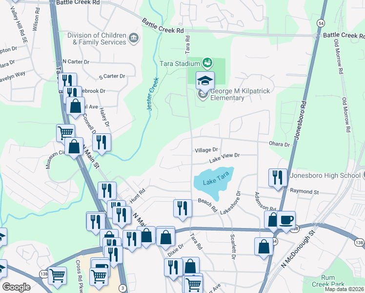 map of restaurants, bars, coffee shops, grocery stores, and more near 895 Ohara Drive in Jonesboro