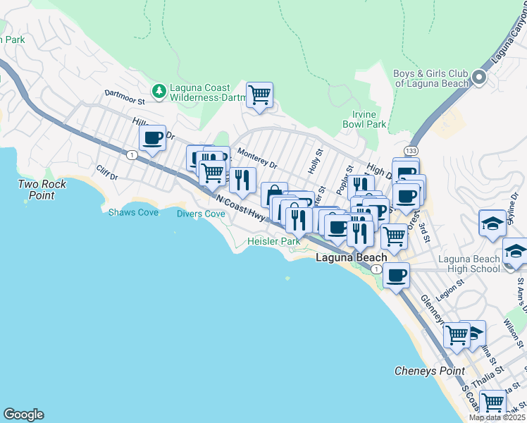 map of restaurants, bars, coffee shops, grocery stores, and more near 432 North Coast Highway in Laguna Beach