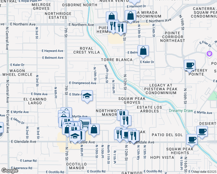 map of restaurants, bars, coffee shops, grocery stores, and more near 7335 North 11th Street in Phoenix