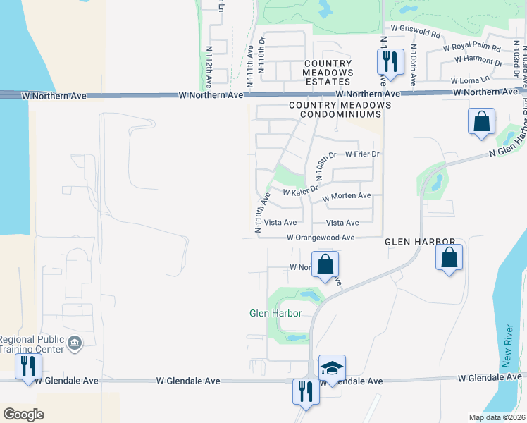 map of restaurants, bars, coffee shops, grocery stores, and more near 7512 North 110th Avenue in Glendale