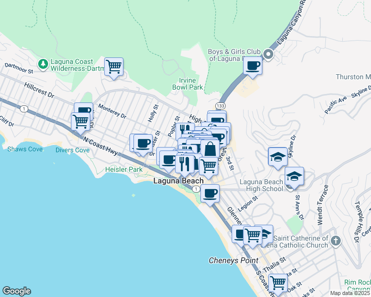 map of restaurants, bars, coffee shops, grocery stores, and more near 174 Cliff Drive in Laguna Beach