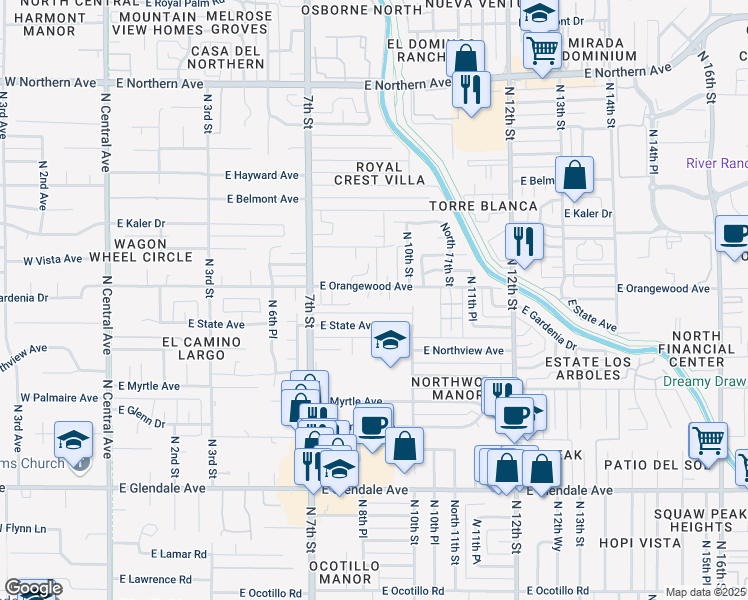 map of restaurants, bars, coffee shops, grocery stores, and more near 815 East Orangewood Avenue in Phoenix